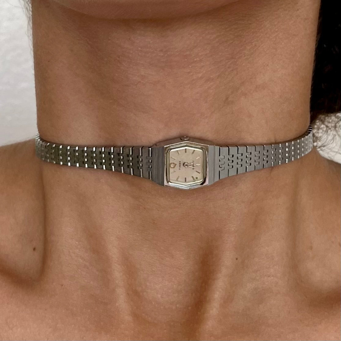 Antique Look Silver Tone Up-Cycled Watch Choker Necklace