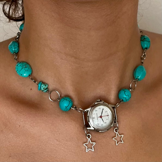 White Watch Head Turquoise Beads Silver Tone Up-Cycled Watch Choker Necklace